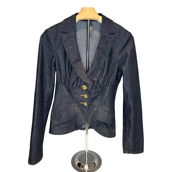 Women's Bisou Bisou Dark Blue Denim Fitted Blazer Jacket Long Sleeved Buttons 2 - Picture 1 of 2